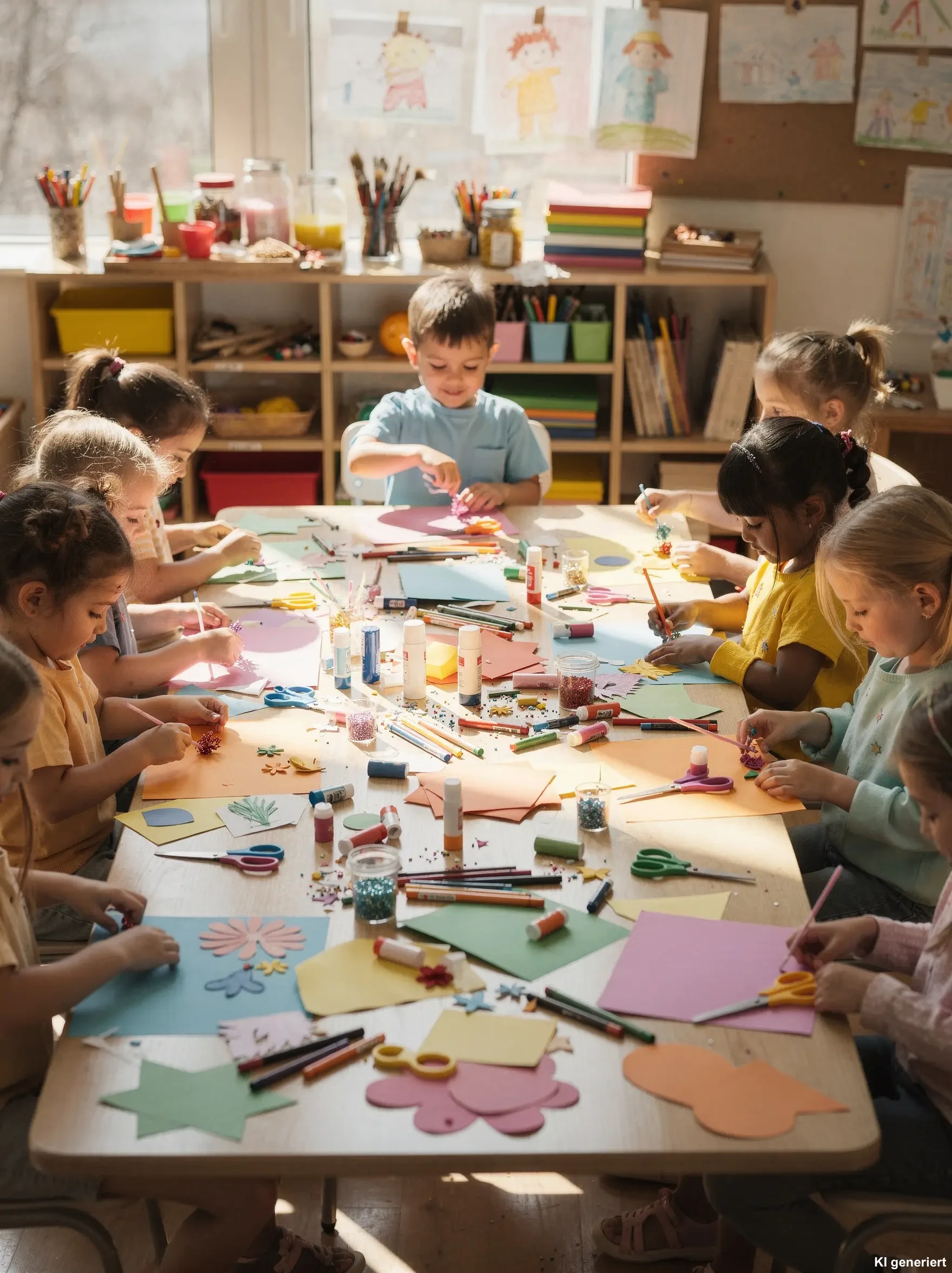 Kinder basteln am Tisch mit bunten Materialien